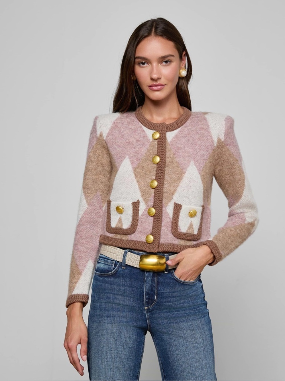 NWT L’agence Siobhan Argyle Cardigan NATURAL MAUVE Wool Sweater Small